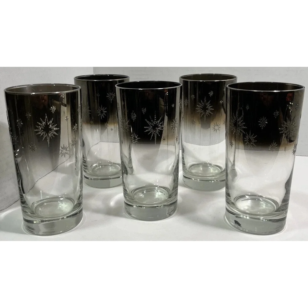 5 MCM Vitreon Queens Atomic Starburst Lusterware Highball Glasses Silver Fade